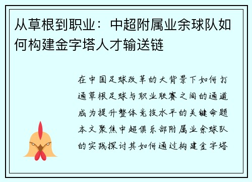 从草根到职业：中超附属业余球队如何构建金字塔人才输送链